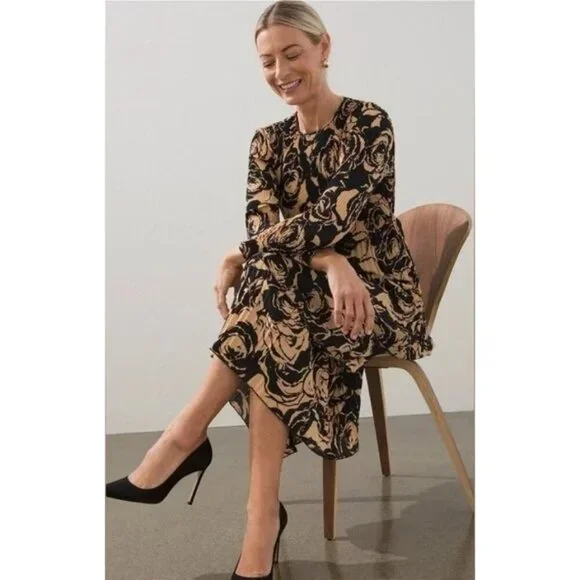 💕CHICO'S BLACK LABEL💕 Tiered Pleated Dress Abstract Floral Neutral Combo NWOT - Picture 2 of 11